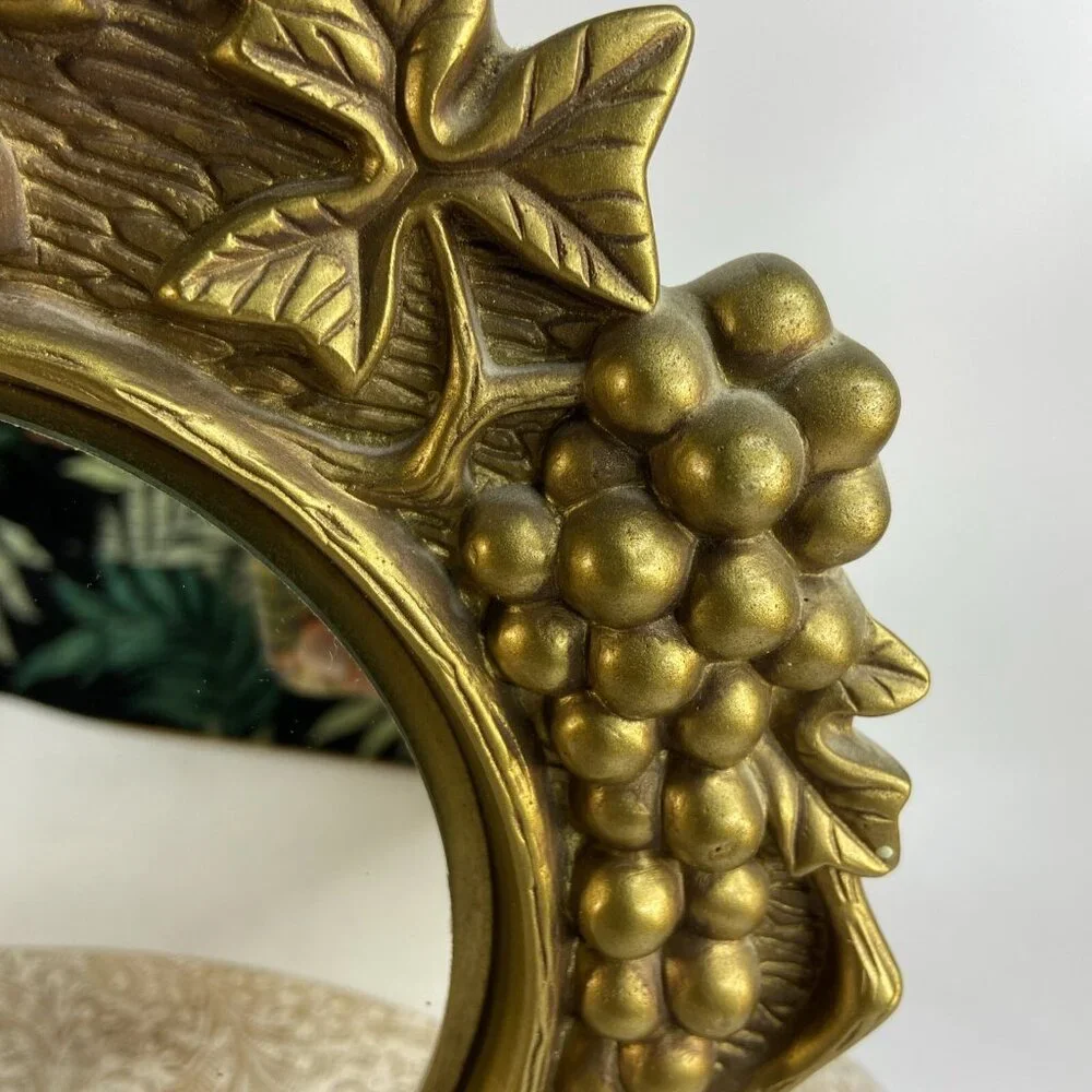 VTG Goldtone Mirror Fruit Design Cast Plaster Baroque Ornate Wall Mirror 10.5x8